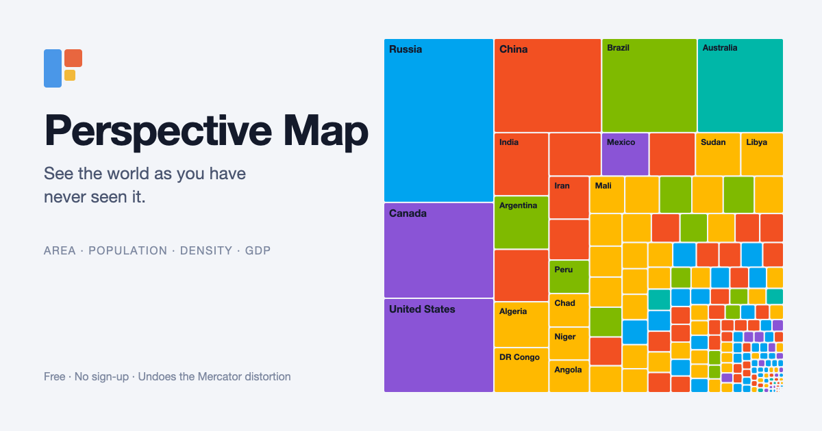 Perspective Map showing every country as a box with area proportional to its true area